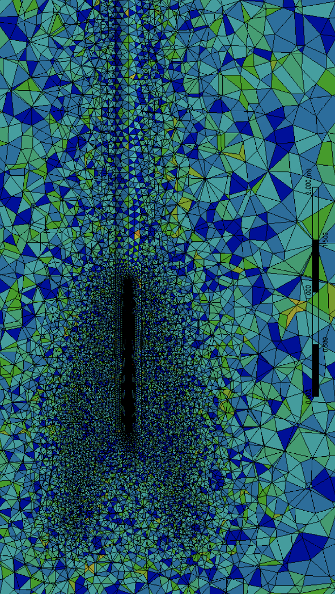 A grid of colorful triangles, which become much smaller in an area shaped like rocket fins.